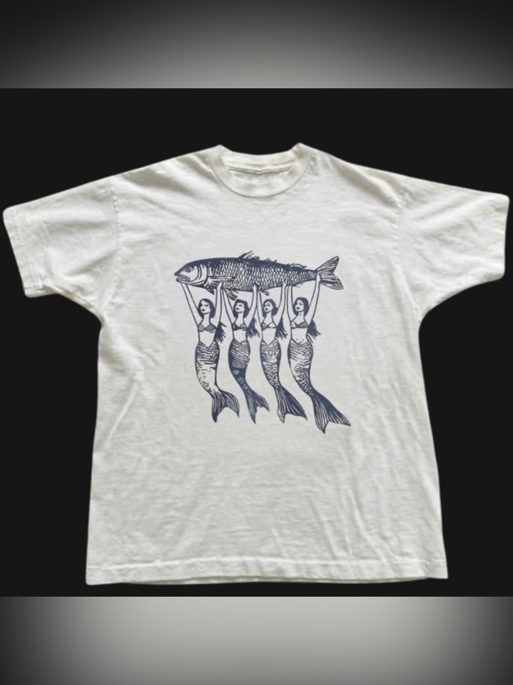 White Graphic T-Shirt with Navy Mermaids and Fish